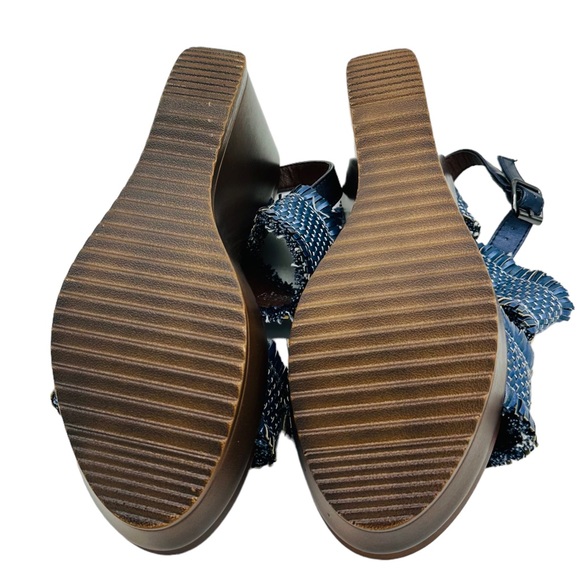 Vintage Fringe Woven Ankle Strap Open Toe Platform Wedge Sandal Navy Brown 8 - Picture 7 of 13